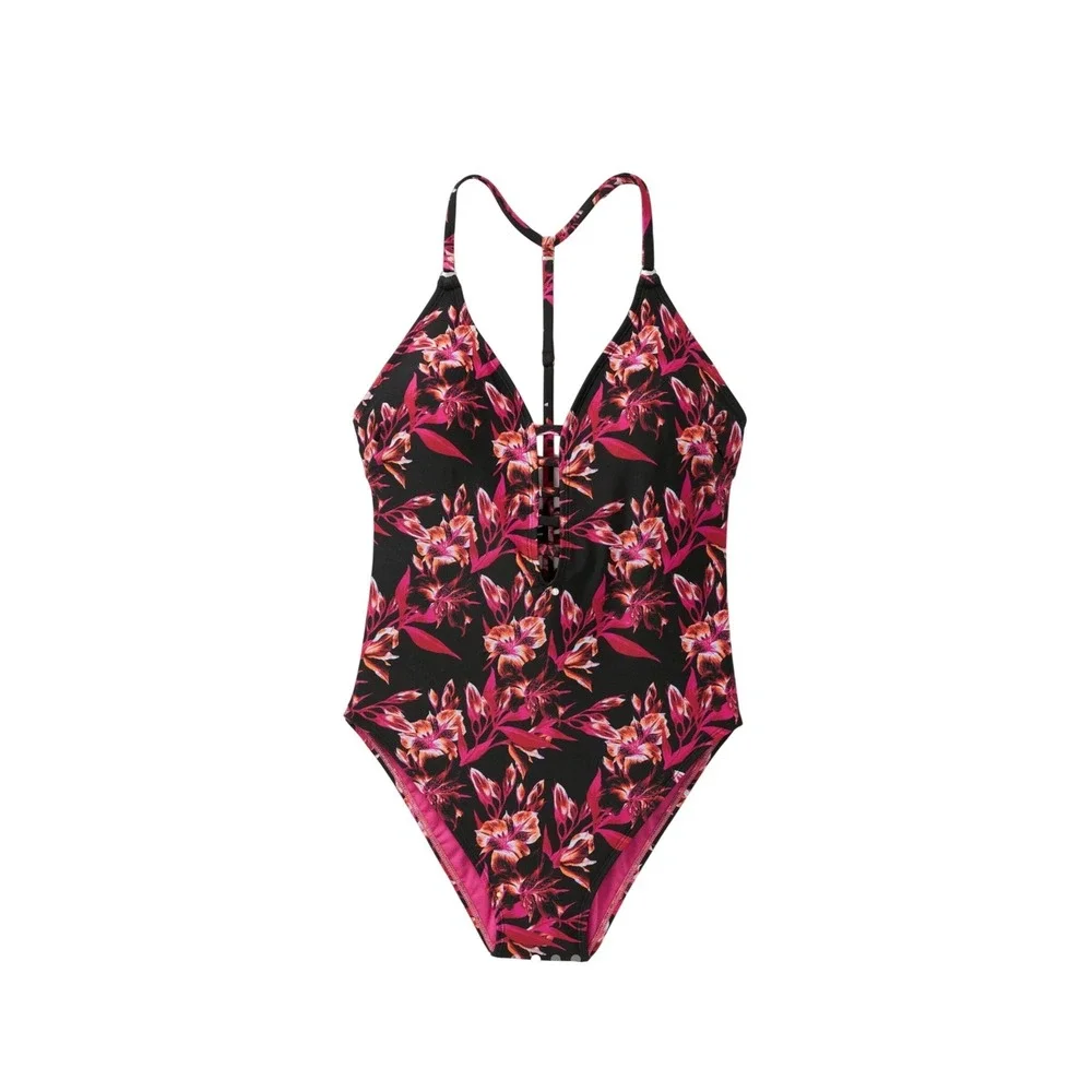 Swimsuit One Piece Womens XL Black Pink Floral Tropical‎ Strappy Plunge Vacation